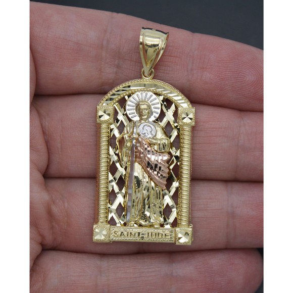 Real Solid 10K Tricolor Gold Saint Jude Medallion Diamond Cut Pendant 9.6gr - Picture 2 of 8